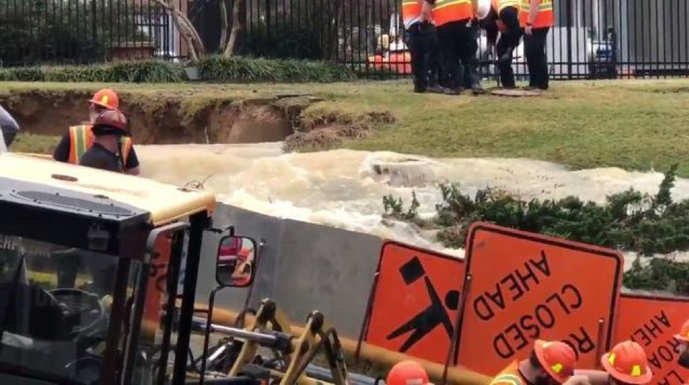 The scene of a water main break in Carrboro, NC. Photo courtesy of CBS 17 News