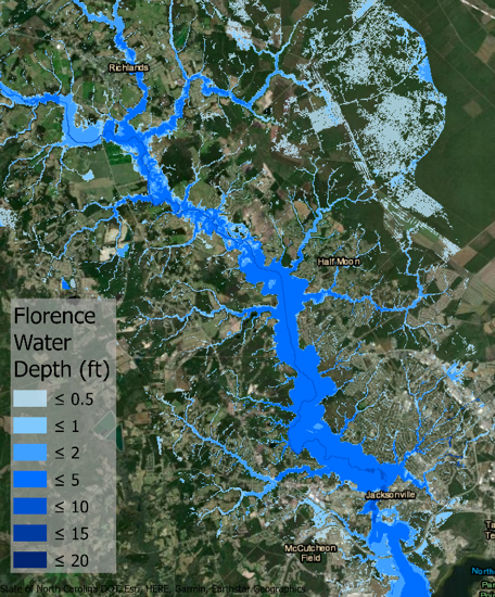 Modeled inundation during Hurricane Florence in the New River Watershed near Jacksonville, NC
