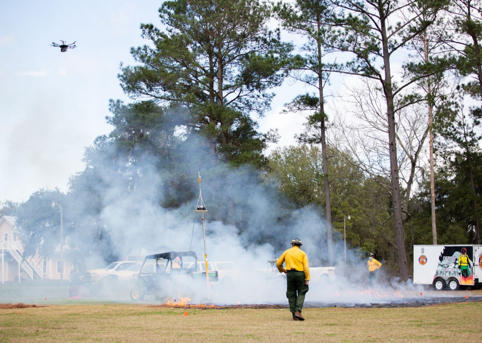 Above: Our DJI M600 carries a uniquely-designed EPA emissions analyzer over a controlled burn at Tall Timbers Research Station in Tallahassee, Florida.