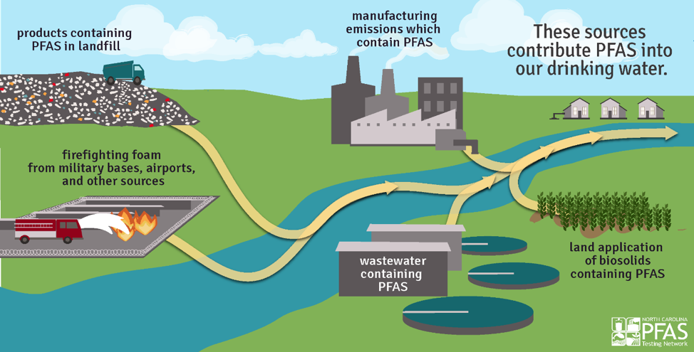 How PFAS ends up in the water supply (graphic via the PFAS Testing Network