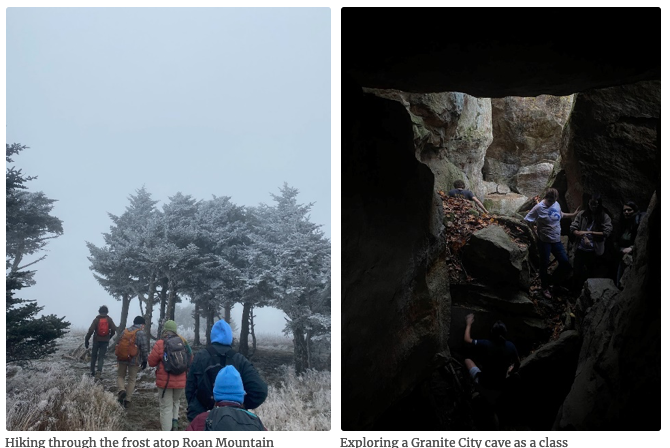 Hiking through the frost atop Roan Mountain (left), and exploring a Granite City cave as a class (right)