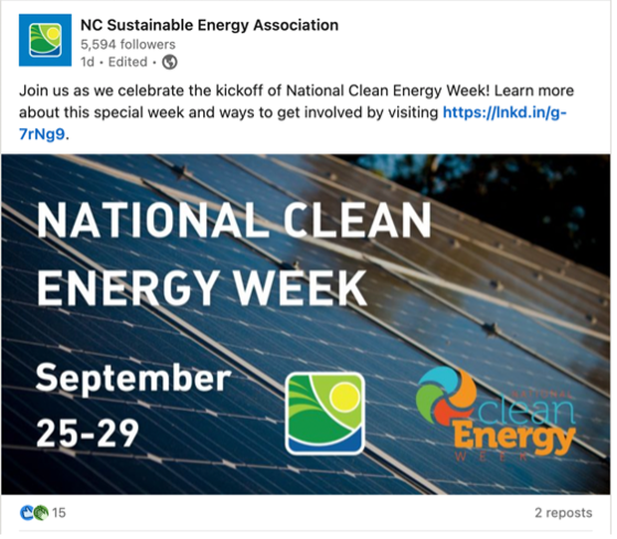 Social media posts I coordinated for NCSEA outlets, including clean energy celebrations and Squeaky Clean Podcast promotional sound clips.